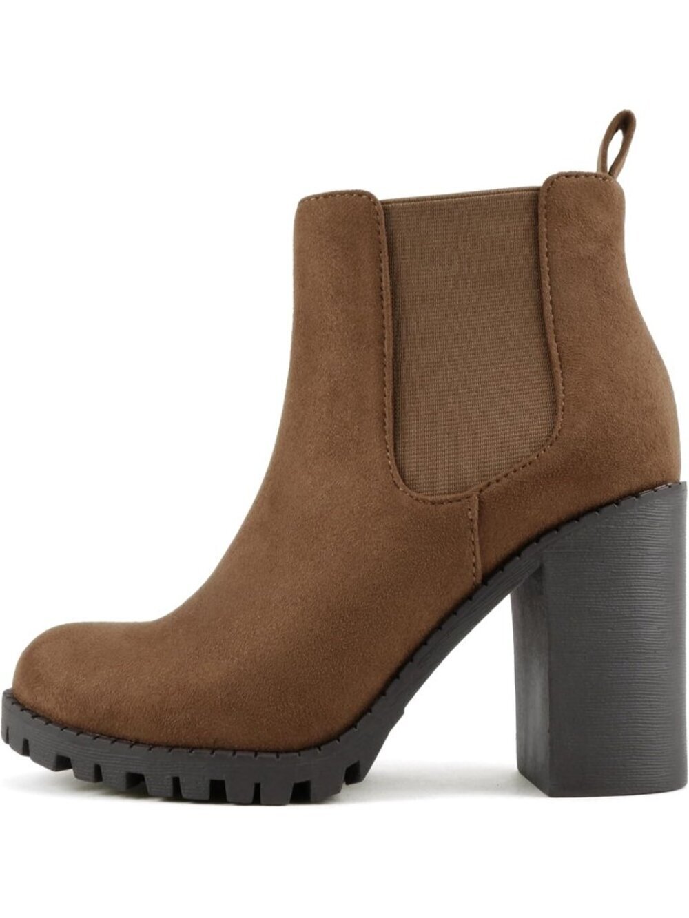 Women's Fashion Brown Ankle Boot w/Lug Sole Elastic Gore Chunky Heel Pull On